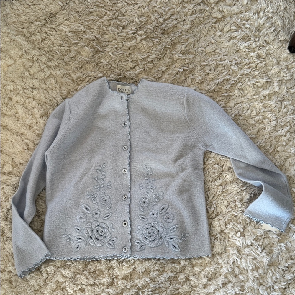Koret Pale Blue Embroidered Scallop-Edge Cardigan NWT deadstock size 8 vintage